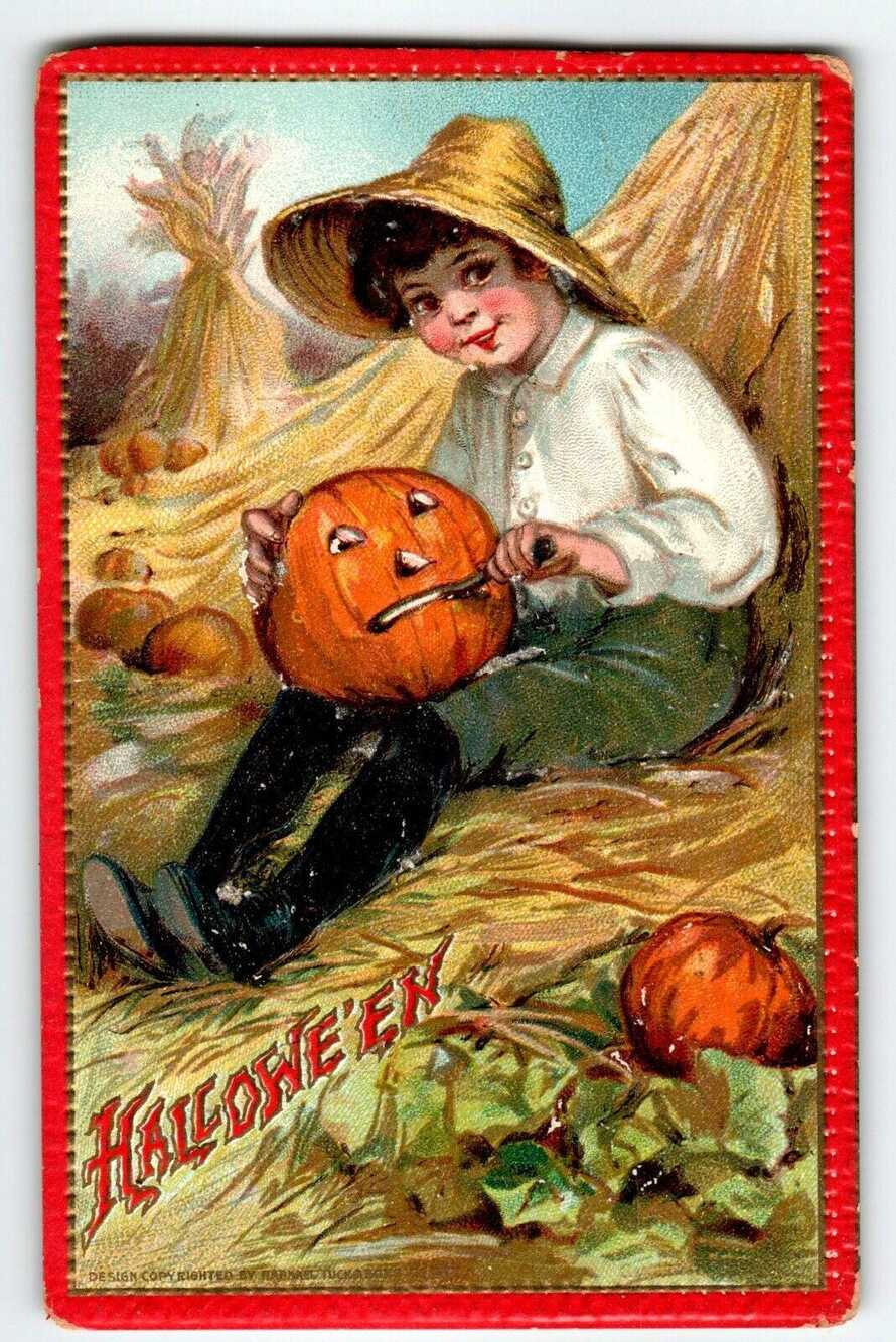 Antique Tucks Halloween Postcard 1910 Embossed Boy Carving JOL Series 174